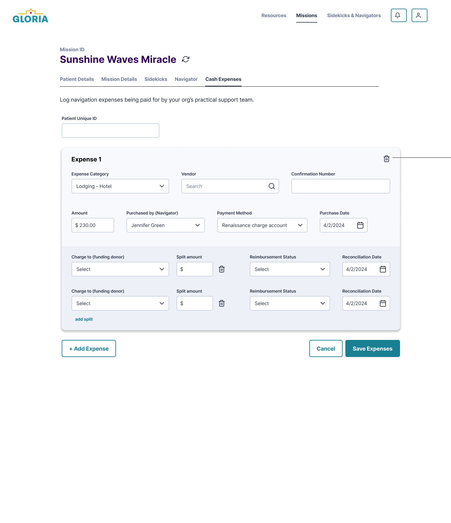 Cash expense tracking screen with split funding