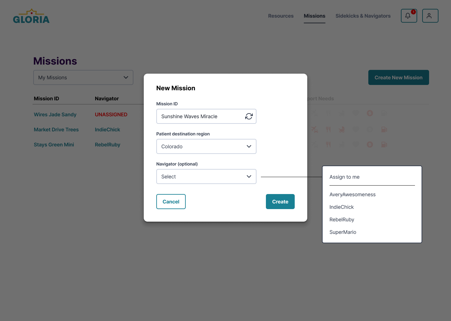 New mission creation modal